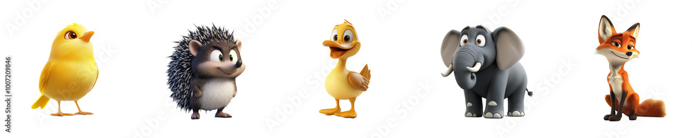 Naklejka premium Collection set of animals Canary Hedgehog Duck Elephant Fox isolated on transparent background 3D fun cartoon style