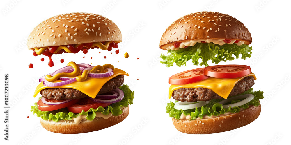 Cheeseburger Burger with Cheese, Pickles, Mayo & Lettuce, Plain Hamburger, Bun, Delicious Food Isolated Transparent PNG, Action Shot Cheeseburger Burger with Cheese, Pickles, Mayo & Lettuce, Plain Hamburger, Bun, Delicious Food Isolated Transparent PNG, Action Shot