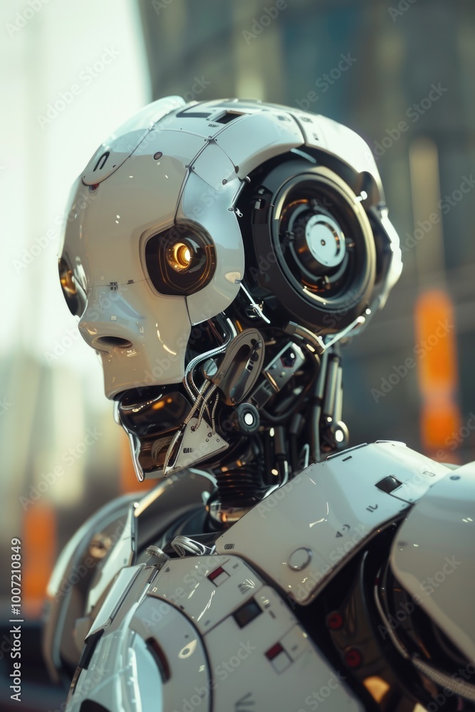A close-up view of a robot's head with a cityscape visible in the background