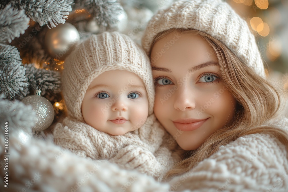 Beautiful young mother and her adorable little baby in warm knitted hats and scarves on the background of the Christmas tree Beautiful young mother and her adorable little baby in warm knitted hats and scarves on the background of the Christmas tree