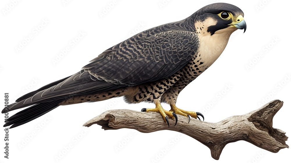 Peregrine Falcon Bird Perched on a Branch on a White Background, Realistic Photo, Wallpaper, Cover and Screen for Smartphone, PC, Laptop, 9:16 and 16:9 Format Peregrine Falcon Bird Perched on a Branch on a White Background, Realistic Photo, Wallpaper, Cover and Screen for Smartphone, PC, Laptop, 9:16 and 16:9 Format