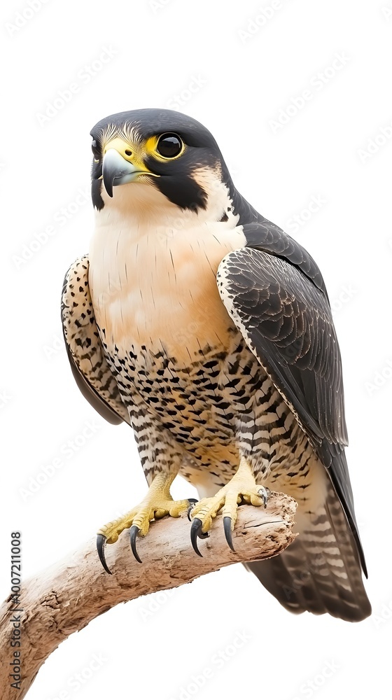 Obraz premium Peregrine Falcon Bird Perched on a Branch on a White Background, Realistic Photo, Wallpaper, Cover and Screen for Smartphone, PC, Laptop, 9:16 and 16:9 Format