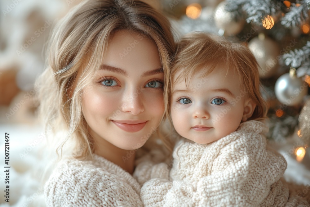 Obraz premium Beautiful young mother and her adorable little baby in warm knitted hats and scarves on the background of the Christmas tree