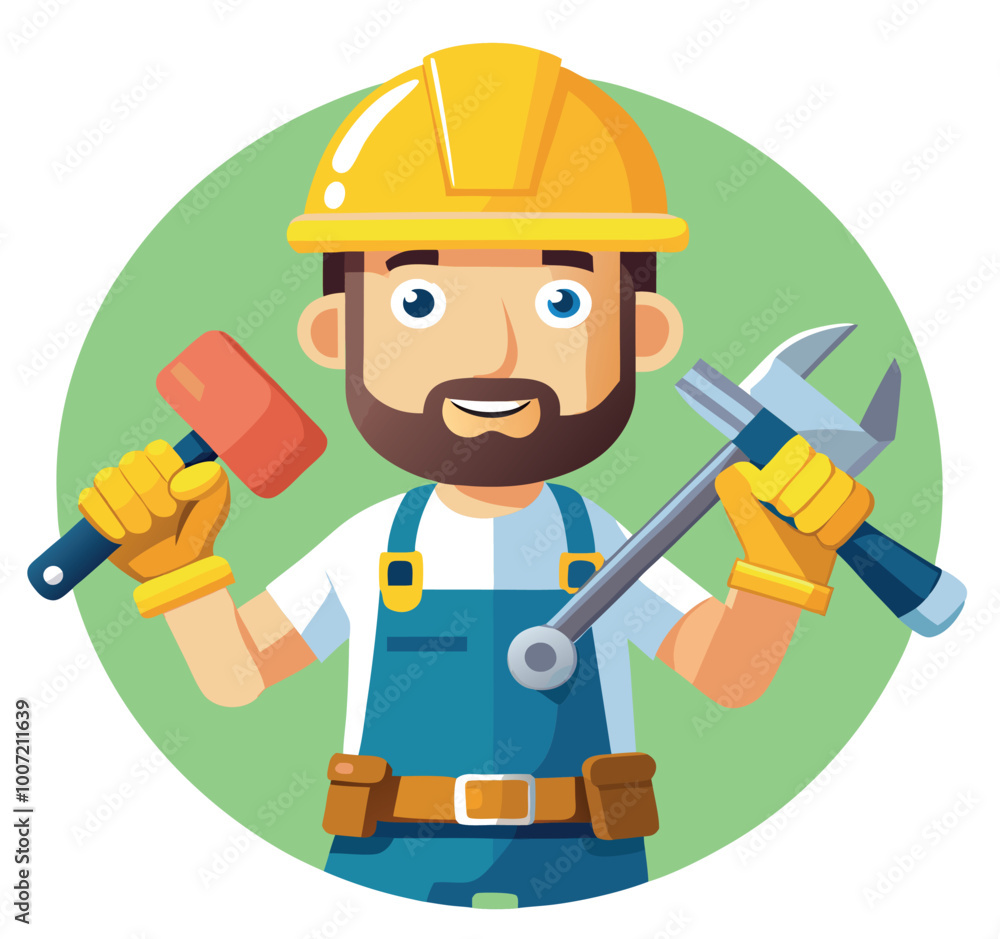 Construction worker holding mallet and adjustable wrench Construction worker holding mallet and adjustable wrench
