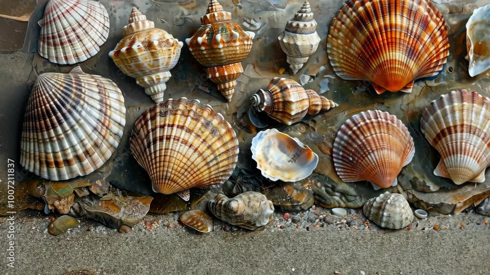 A collection of seashells of various shapes and sizes rest on a sandy beach, showcasing the beauty of nature's artistry A collection of seashells of various shapes and sizes rest on a sandy beach, showcasing the beauty of nature's artistry