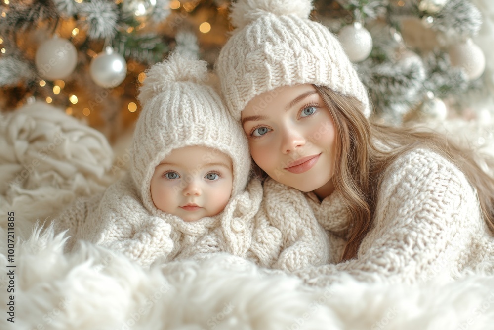 Beautiful young mother and her adorable little baby in warm knitted hats and scarves on the background of the Christmas tree Beautiful young mother and her adorable little baby in warm knitted hats and scarves on the background of the Christmas tree