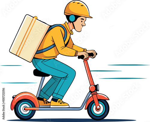 Delivery man wearing helmet is riding an electric scooter and delivering food using thermal backpack