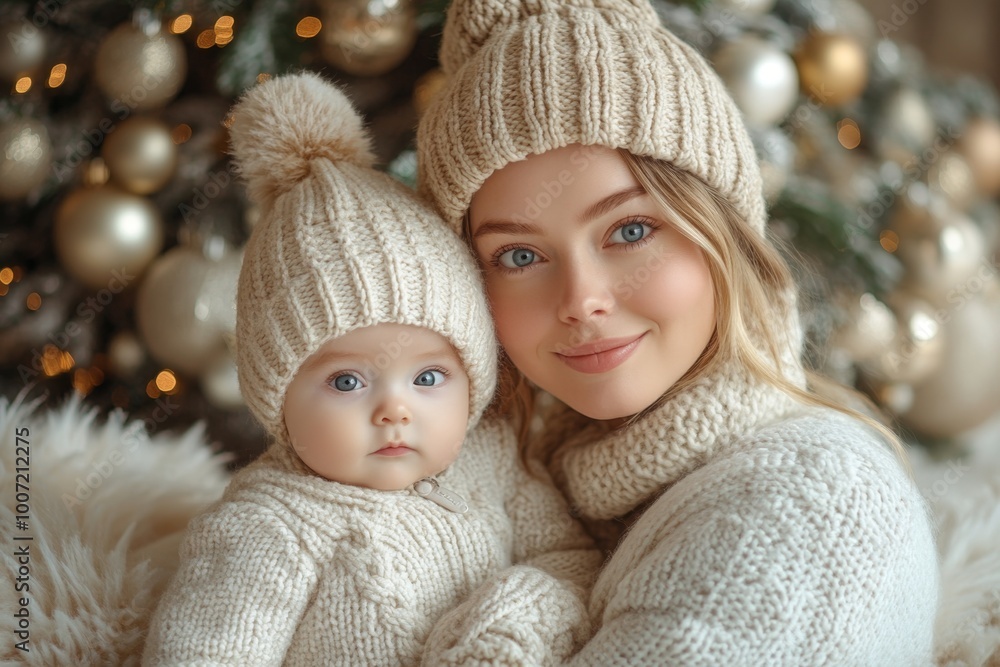 Beautiful young mother and her adorable little baby in warm knitted hats and scarves on the background of the Christmas tree Beautiful young mother and her adorable little baby in warm knitted hats and scarves on the background of the Christmas tree