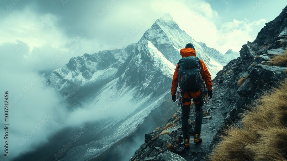 A lone hiker with a backpack and ice axe stands on a rocky mountain ridge, overlooking a snow-capped peak shrouded in clouds. A lone hiker with a backpack and ice axe stands on a rocky mountain ridge, overlooking a snow-capped peak shrouded in clouds.