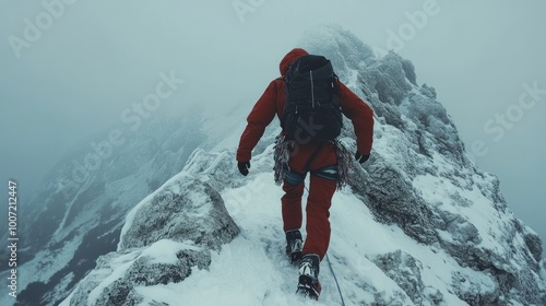 Climber in red jacket ascends snowy mountain ridge with ice axe and backpack in foggy conditions. photo