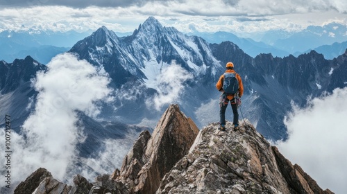 Climber standing on a rocky peak overlooking a vast mountain range with clouds swirling around.