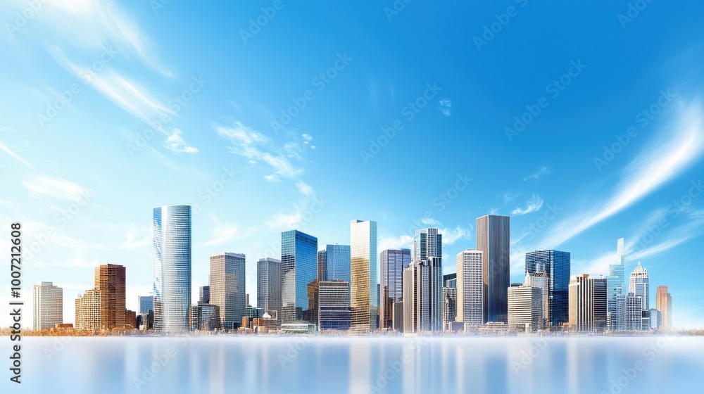 Fototapeta premium Stunning city skyline with tall modern skyscrapers and a clear blue sky, showcasing urban beauty and architectural design