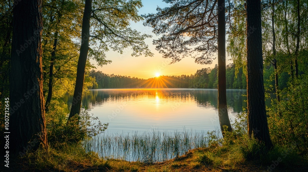 A peaceful sunset over a still lake, framed by tall trees, with soft reflections shimmering on the water's surface. This serene landscape captures the beauty of nature and tranquility. A peaceful sunset over a still lake, framed by tall trees, with soft reflections shimmering on the water's surface. This serene landscape captures the beauty of nature and tranquility.