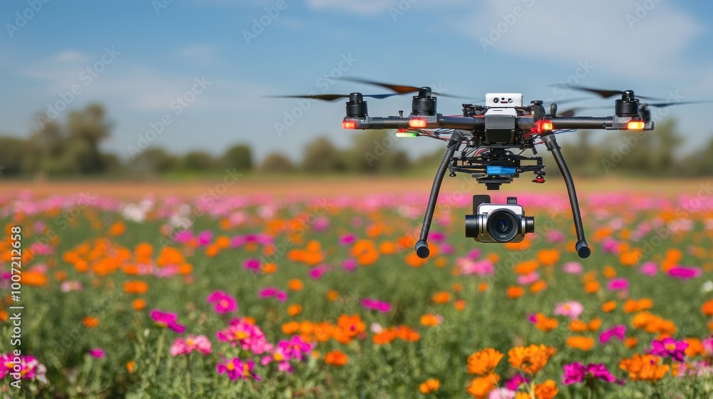 Drone with camera flying over colorful flower field.
