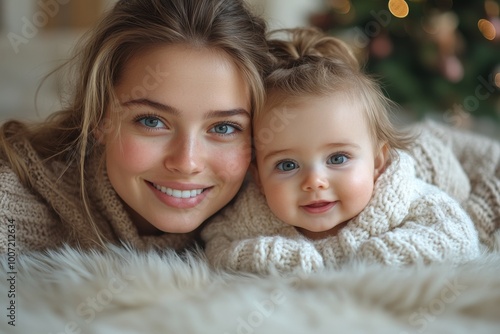 Beautiful young mother and her adorable little baby in warm knitted hats and scarves on the background of the Christmas tree