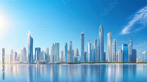 Stunning city skyline with tall modern skyscrapers and a clear blue sky, showcasing urban beauty and architectural design