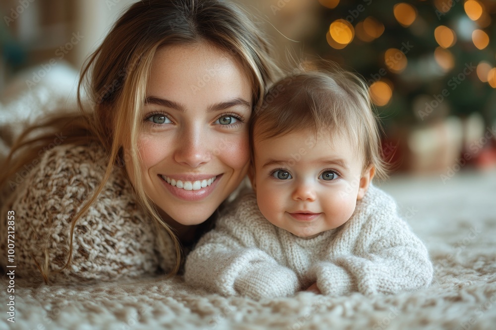 Beautiful young mother and her adorable little baby in warm knitted hats and scarves on the background of the Christmas tree