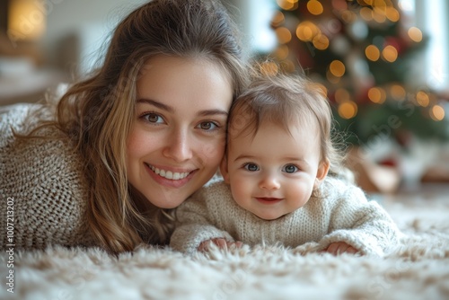 Beautiful young mother and her adorable little baby in warm knitted hats and scarves on the background of the Christmas tree