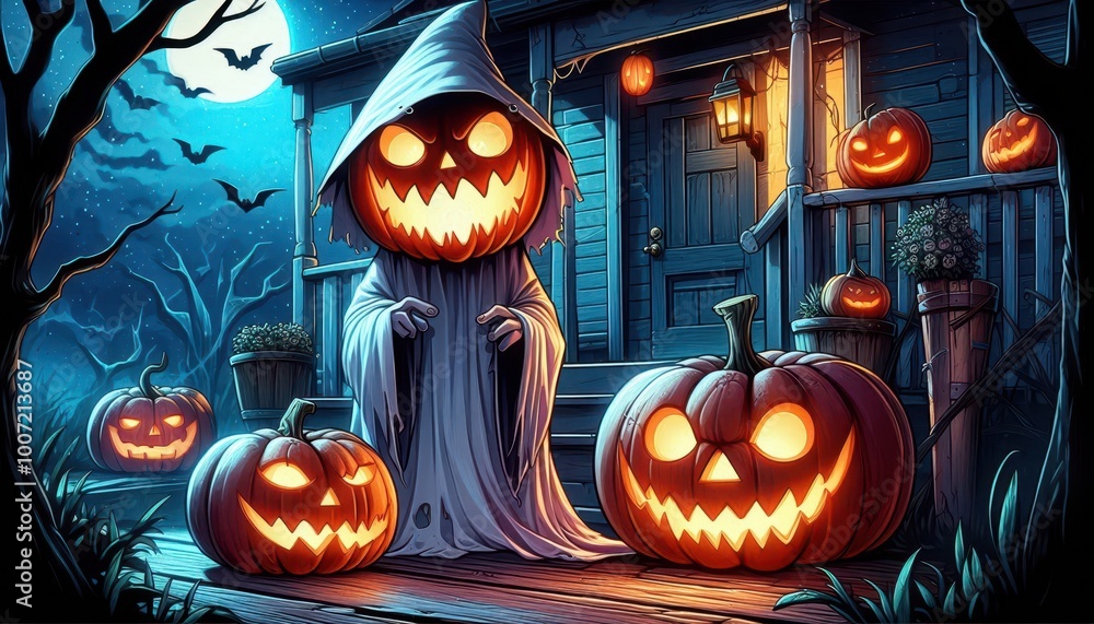 Fototapeta premium A spooky Halloween scene with a ghostly figure and carved pumpkins on a porch.