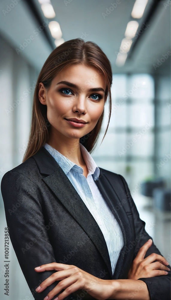 Confident businesswoman poses in a modern office environment during daylight hours Confident businesswoman poses in a modern office environment during daylight hours