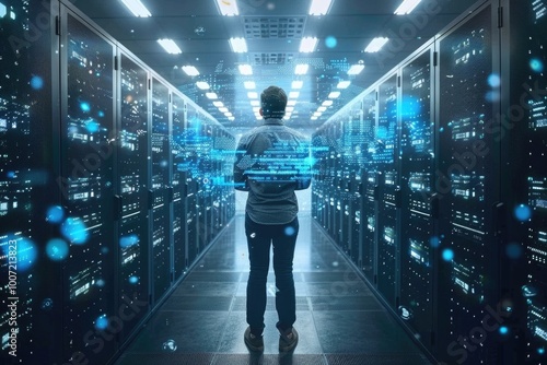 Person in a data center or IT facility, surrounded by computer servers and equipment