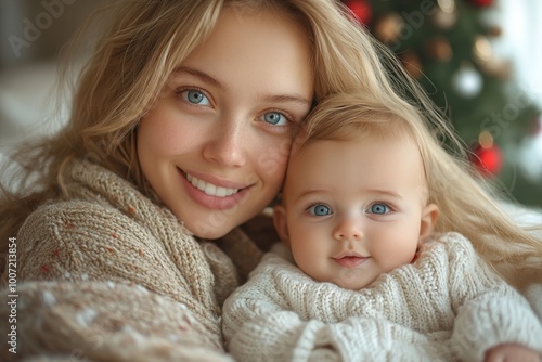 Beautiful young mother and her adorable little baby in warm knitted hats and scarves on the background of the Christmas tree