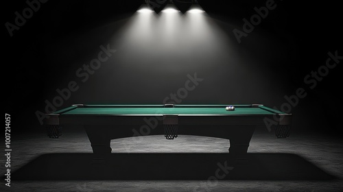 A single billiard ball rests on a green felt pool table, illuminated by overhead lights in a dark room.