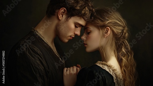 Young couple in love, looking at each other with tenderness, in a vintage style portrait.