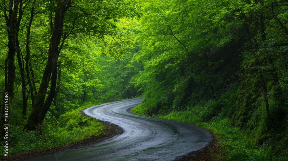 Fototapeta premium A tranquil road curves elegantly through the verdant forests of the caucasus mountains in georgia, showcasing a canopy of bright green leaves.