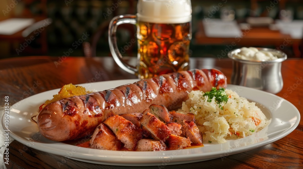 A plate of food with a sausage and a side of sauerkraut. Octoberfest celebration, tradition, beer, festival, culture, joy, Germany, gathering, music, heritage, food concept A plate of food with a sausage and a side of sauerkraut. Octoberfest celebration, tradition, beer, festival, culture, joy, Germany, gathering, music, heritage, food concept