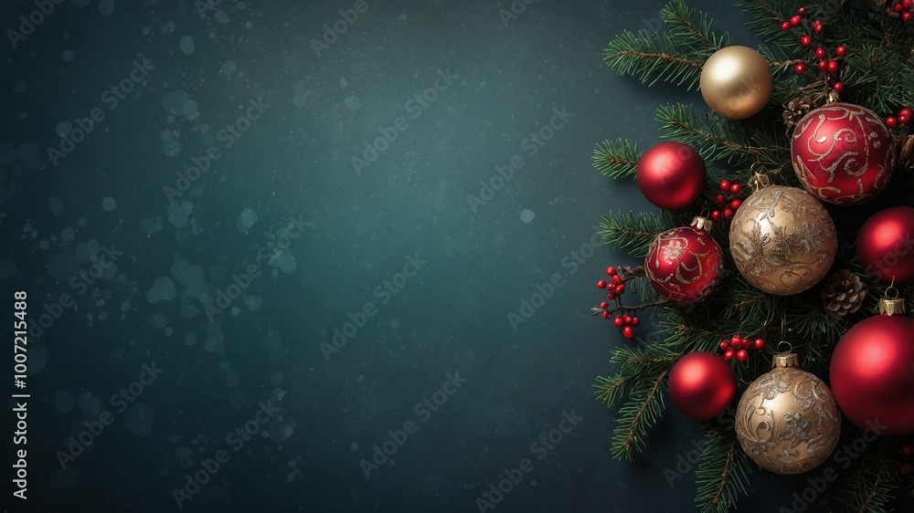 Textura verde con textura de pizarra decorado con bolas de Navidad rojas, doradas y ramitas de árbol de navidad, ideal para mensajes festivos. Postal de navidad Textura verde con textura de pizarra decorado con bolas de Navidad rojas, doradas y ramitas de árbol de navidad, ideal para mensajes festivos. Postal de navidad