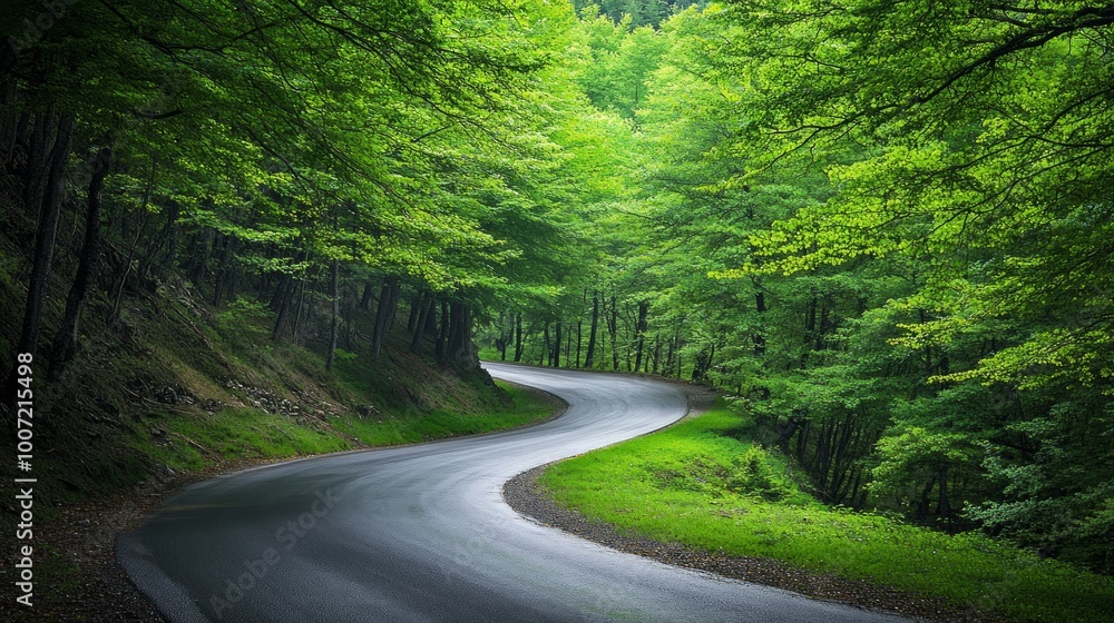 A tranquil road curves elegantly through the verdant forests of the caucasus mountains in georgia, showcasing a canopy of bright green leaves. A tranquil road curves elegantly through the verdant forests of the caucasus mountains in georgia, showcasing a canopy of bright green leaves.