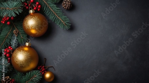 Fondo navideño con textura de pizarra con dos bolas doradas de navidad con alguna rama de árbol de navidad. Targeta navideña photo