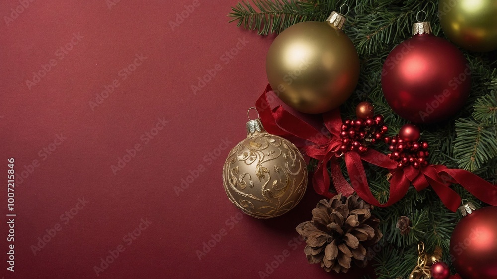 Fondo de Navidad con fondo rojo y abeto adornado con bolas de Navidad. Fondo con espacio para escribir y regalar Fondo de Navidad con fondo rojo y abeto adornado con bolas de Navidad. Fondo con espacio para escribir y regalar