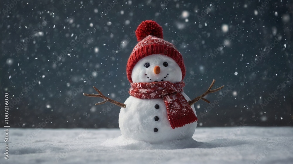 Fototapeta premium Muñeco de Nieve con Gorro y Bufanda de color rojo en un Escenario Nevado. Fondo de Navidad