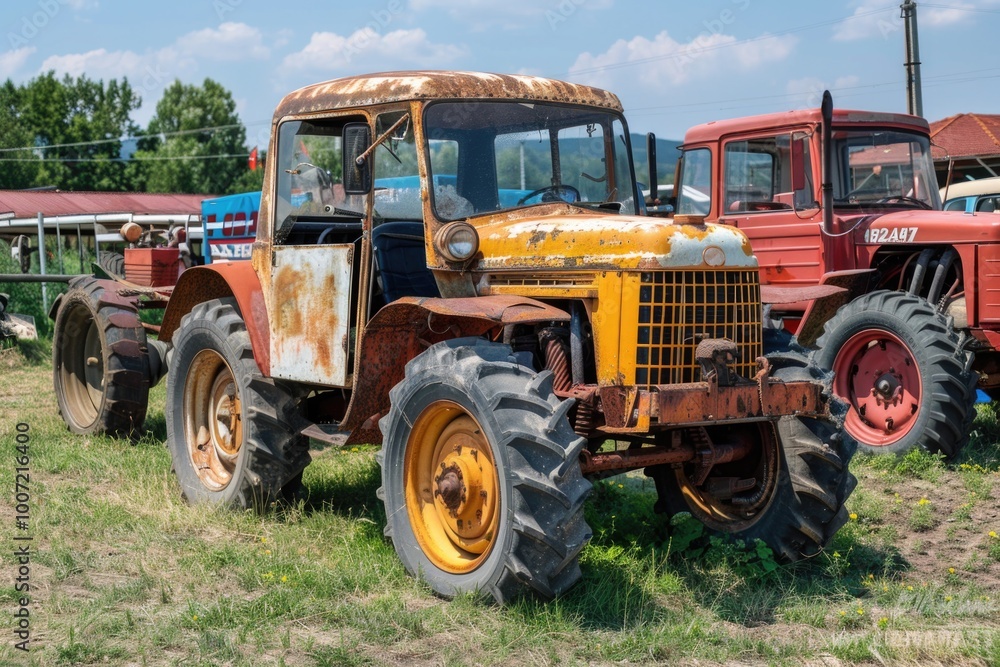 An abandoned tractor sits in a field, overgrown with weeds An abandoned tractor sits in a field, overgrown with weeds