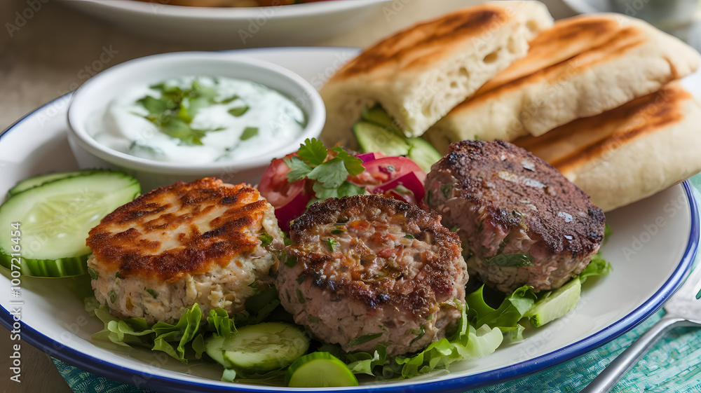 A close-up of a plate of lamb and beef kofta, served with a side of cucumber yogurt and pita bread.
A close-up of a plate of lamb and beef kofta, served with a side of cucumber yogurt and pita bread.