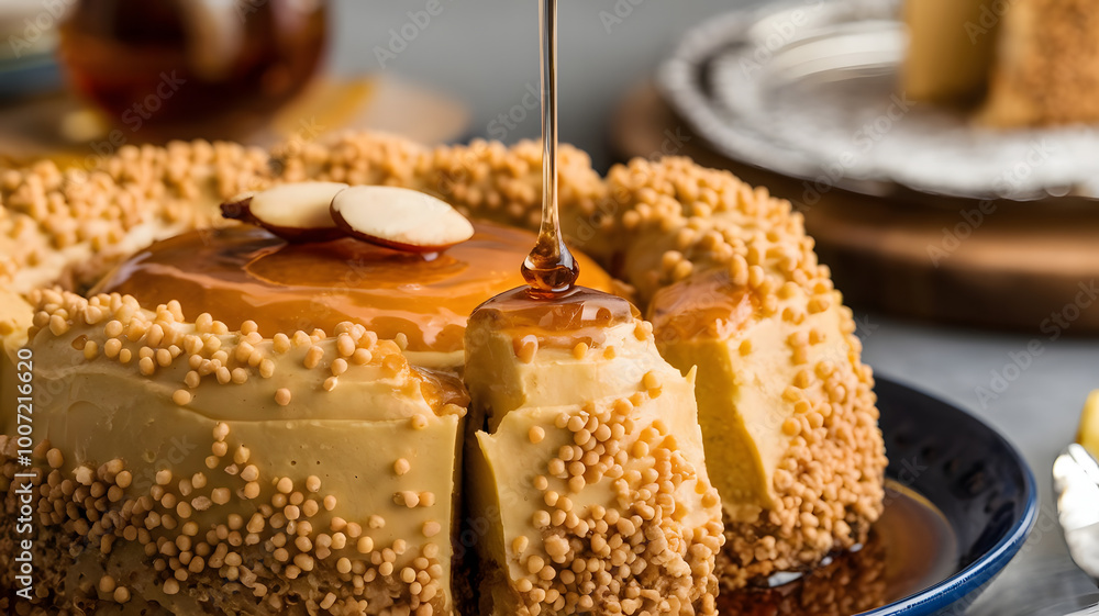 A close-up of creamy basbousa, drizzled with syrup and topped with a single almond.
A close-up of creamy basbousa, drizzled with syrup and topped with a single almond.