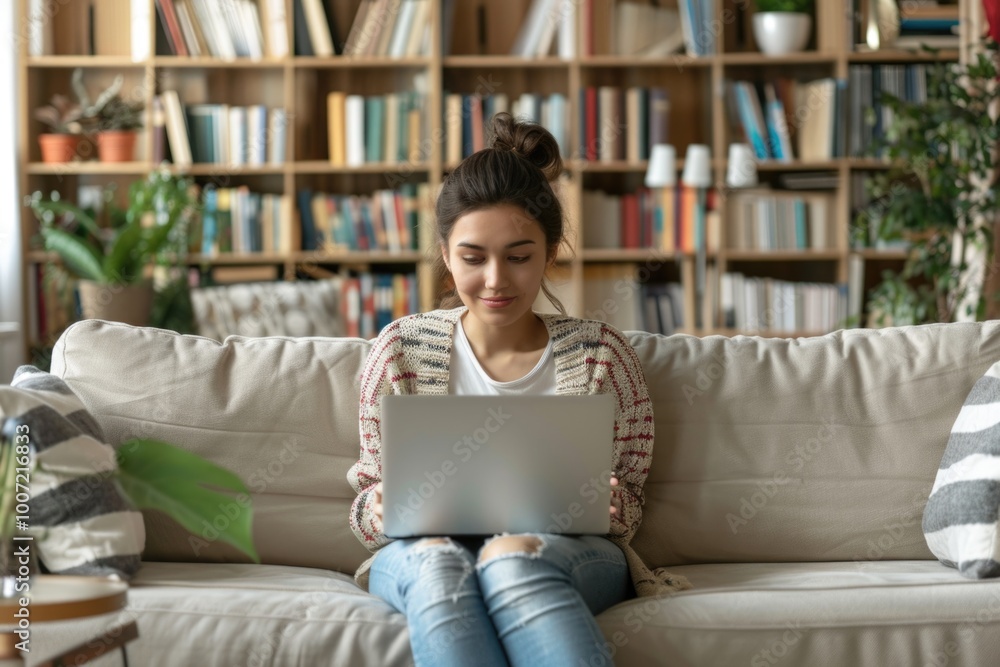 A woman sits on a couch, focused on her laptop screen A woman sits on a couch, focused on her laptop screen