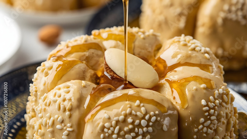 A close-up of creamy basbousa, drizzled with syrup and topped with a single almond.
 photo