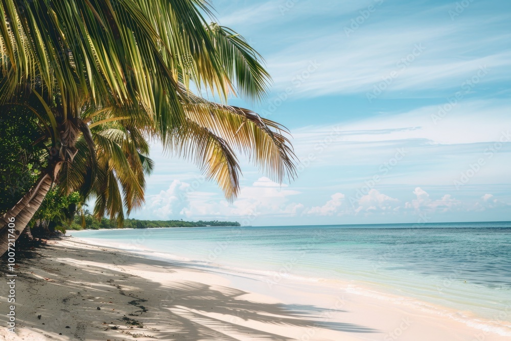 A serene and idyllic scene of a sandy beach with palm trees under a sunny sky A serene and idyllic scene of a sandy beach with palm trees under a sunny sky