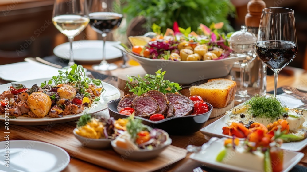 A table is set with delicious food, including roasted meat, potatoes, and vegetables. There are two glasses of wine, one white and one red, on the table. A table is set with delicious food, including roasted meat, potatoes, and vegetables. There are two glasses of wine, one white and one red, on the table.