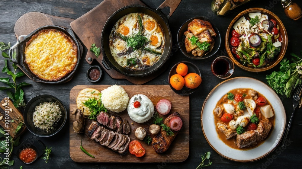 A delicious meal of steak, eggs, vegetables, and rice on a wooden table. A delicious meal of steak, eggs, vegetables, and rice on a wooden table.