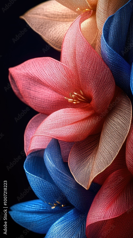 A close-up view of delicate, fabric-textured flowers in vibrant shades of red, blue, and gold, beautifully arranged against a dark background in a vertical format A close-up view of delicate, fabric-textured flowers in vibrant shades of red, blue, and gold, beautifully arranged against a dark background in a vertical format