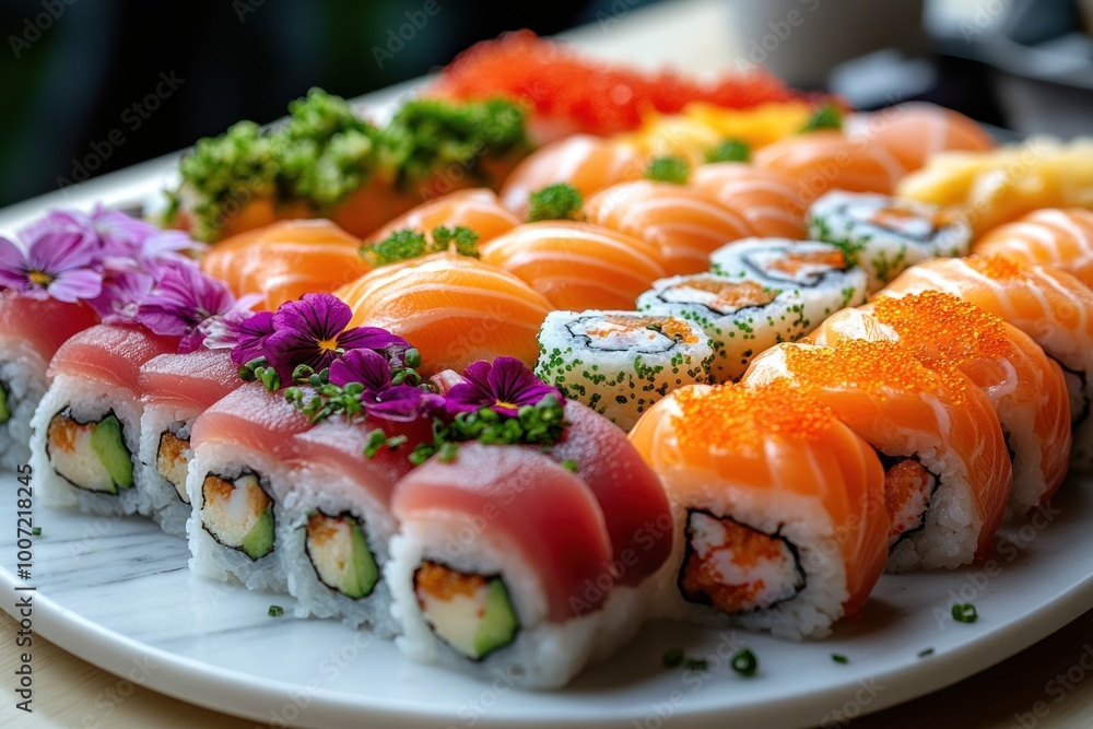 A colorful platter of sushi rolls with various toppings A colorful platter of sushi rolls with various toppings