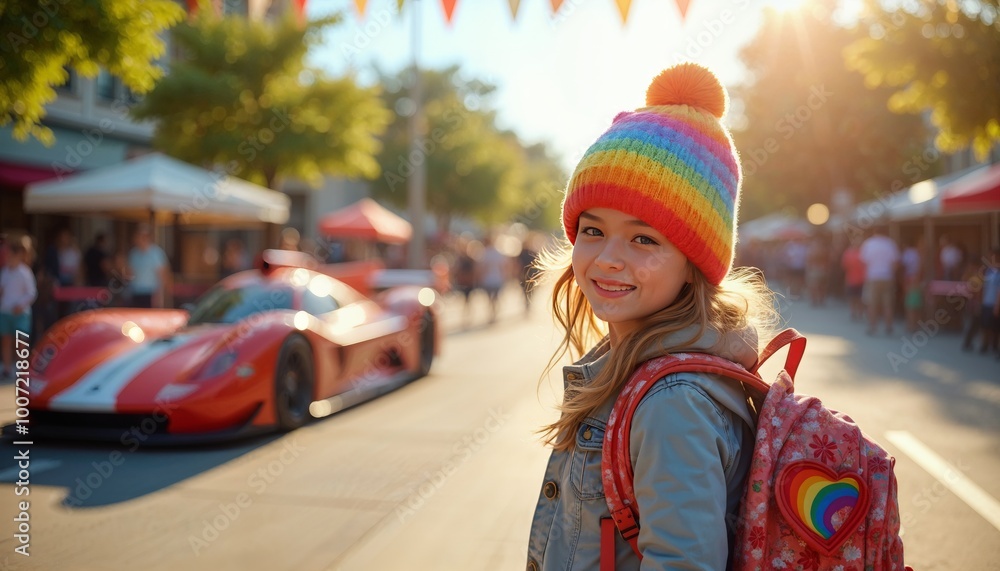 A small girl with a bright, rainbow multi-colored beanie beams with joy as she poses for a photo A small girl with a bright, rainbow multi-colored beanie beams with joy as she poses for a photo