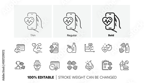 Bike Workout, Strong Muscle Arm, Gym fit dumbbell. Fitness time line icons. Training analysis, Workout plan and Cardio exercise line icons. Dumbbell sport equipment, Healthy food, Muscle. Vector