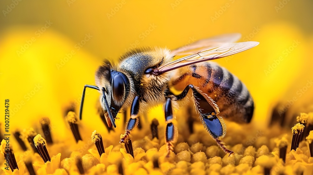 A close-up of a honeybee collecting pollen from a sunflower, showcasing the intricate details of the bee and the natural pollination process A close-up of a honeybee collecting pollen from a sunflower, showcasing the intricate details of the bee and the natural pollination process