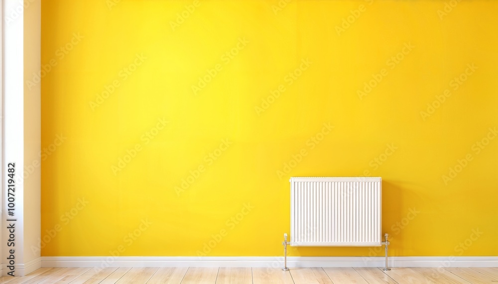 Naklejka premium The house heating system is depicted by a white radiator on a yellow wall