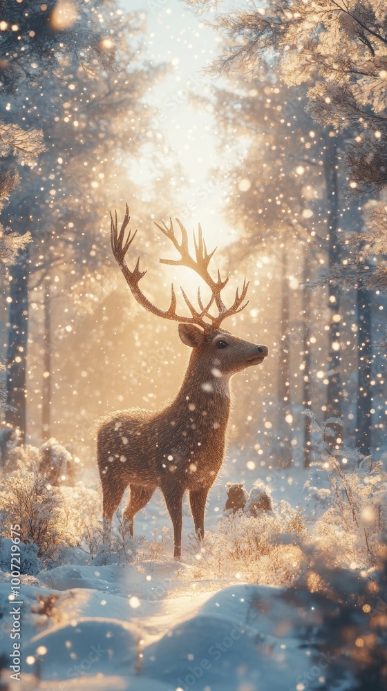 Obraz premium Majestic Deer in Snowy Forest with Golden Sunlight and Falling Snowflakes